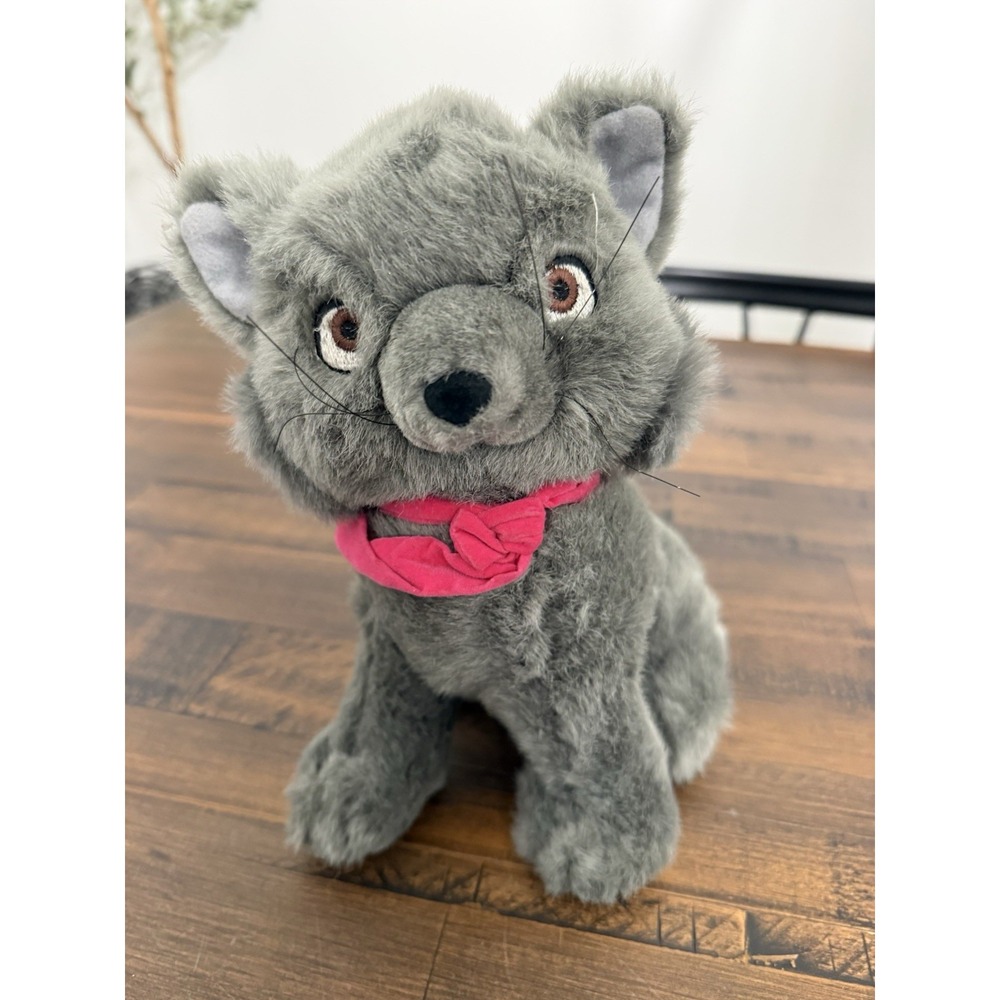 Vintage Disney Store Aristocats Berlioz Plush Kitten Gray Cat Red Ribbon 9" RARE
